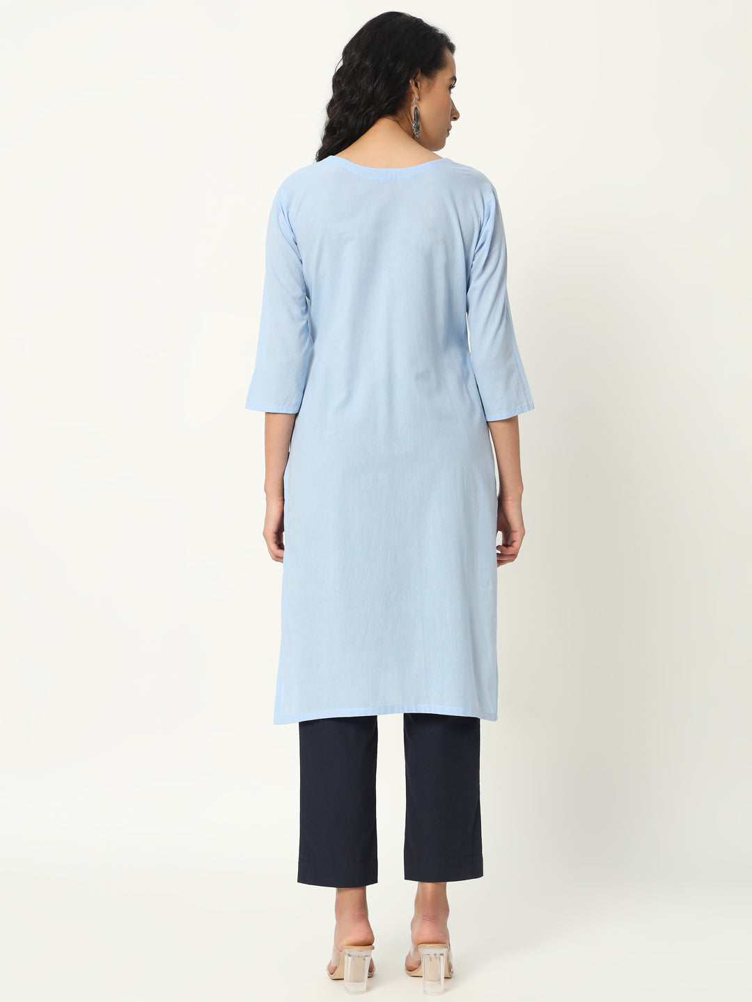 Chambray Blue Cotton Pintuck Long Kurta - SKYTICK Chambray Blue Cotton Pintuck Long Kurta - SKYTICK