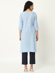Chambray Blue Cotton Pintuck Long Kurta - SKYTICK Chambray Blue Cotton Pintuck Long Kurta - SKYTICK