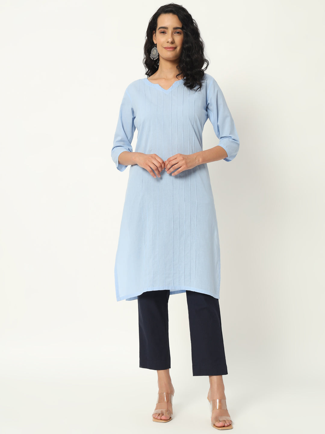 Chambray Blue Cotton Pintuck Long Kurta - SKYTICK Chambray Blue Cotton Pintuck Long Kurta - SKYTICK