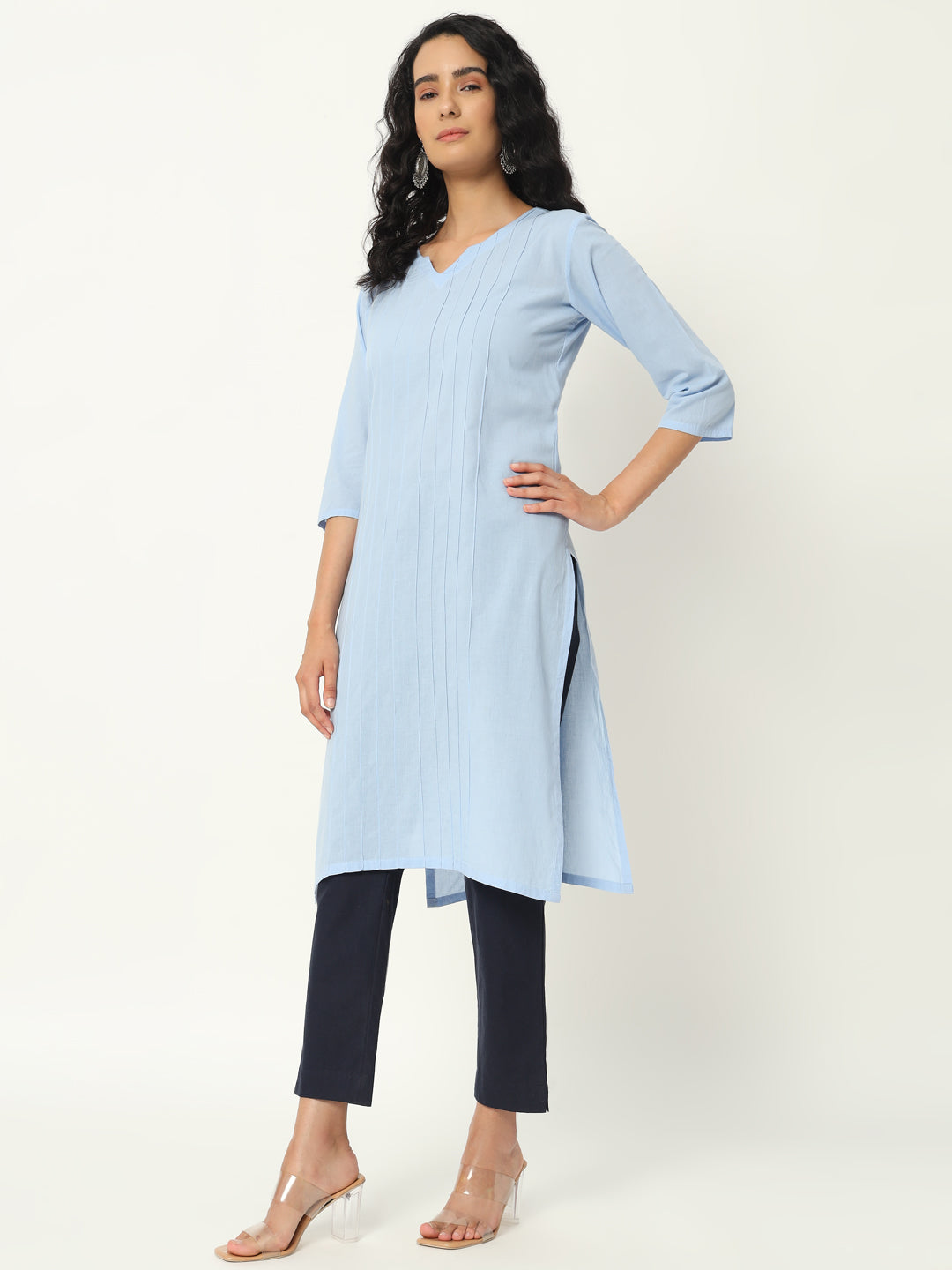 Chambray Blue Cotton Pintuck Long Kurta - SKYTICK Chambray Blue Cotton Pintuck Long Kurta - SKYTICK