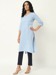 Chambray Blue Cotton Pintuck Long Kurta - SKYTICK Chambray Blue Cotton Pintuck Long Kurta - SKYTICK