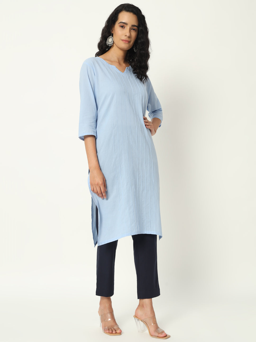 Chambray Blue Cotton Pintuck Long Kurta - SKYTICK Chambray Blue Cotton Pintuck Long Kurta - SKYTICK