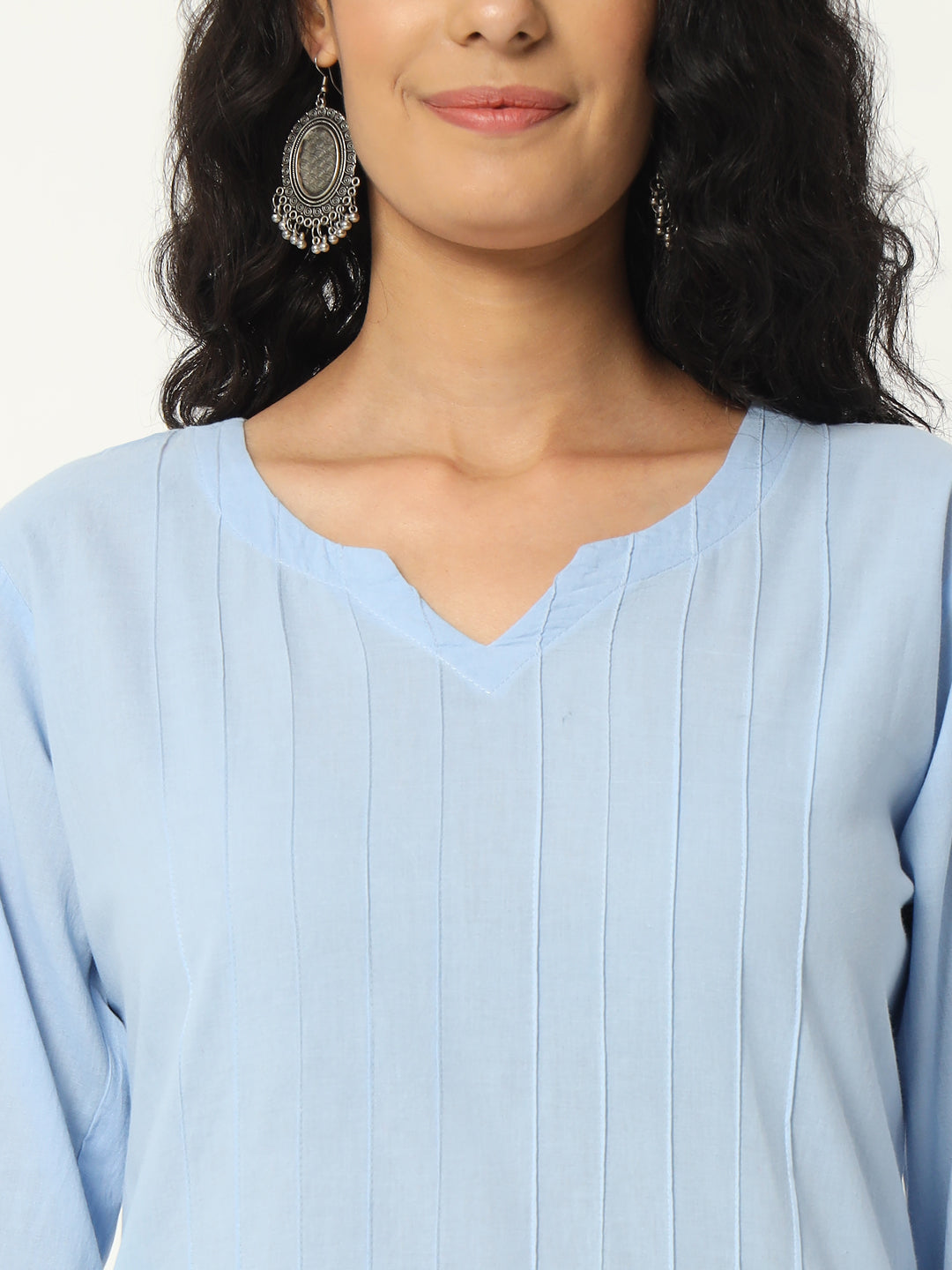 Chambray Blue Cotton Pintuck Long Kurta - SKYTICK Chambray Blue Cotton Pintuck Long Kurta - SKYTICK