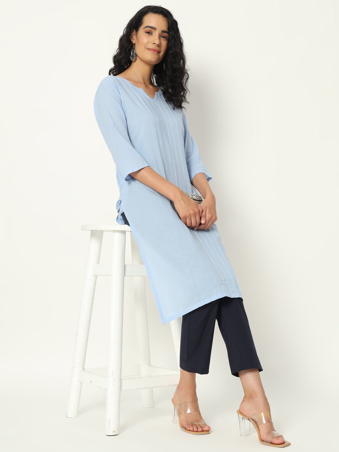 Chambray Blue Cotton Pintuck Long Kurta - SKYTICK Chambray Blue Cotton Pintuck Long Kurta - SKYTICK
