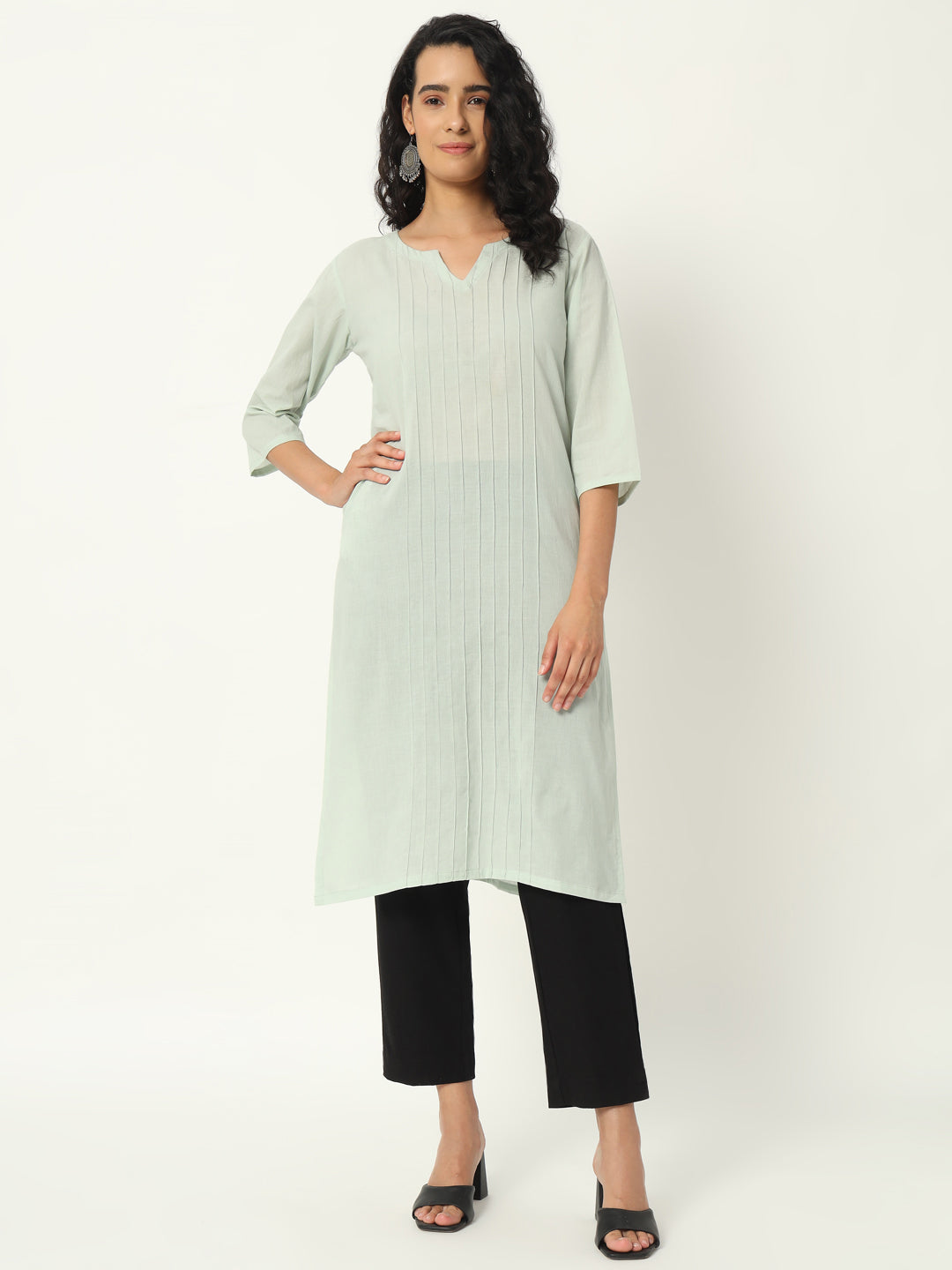 Mint Green Cotton Pintuck Long Kurta - SKYTICK Mint Green Cotton Pintuck Long Kurta - SKYTICK
