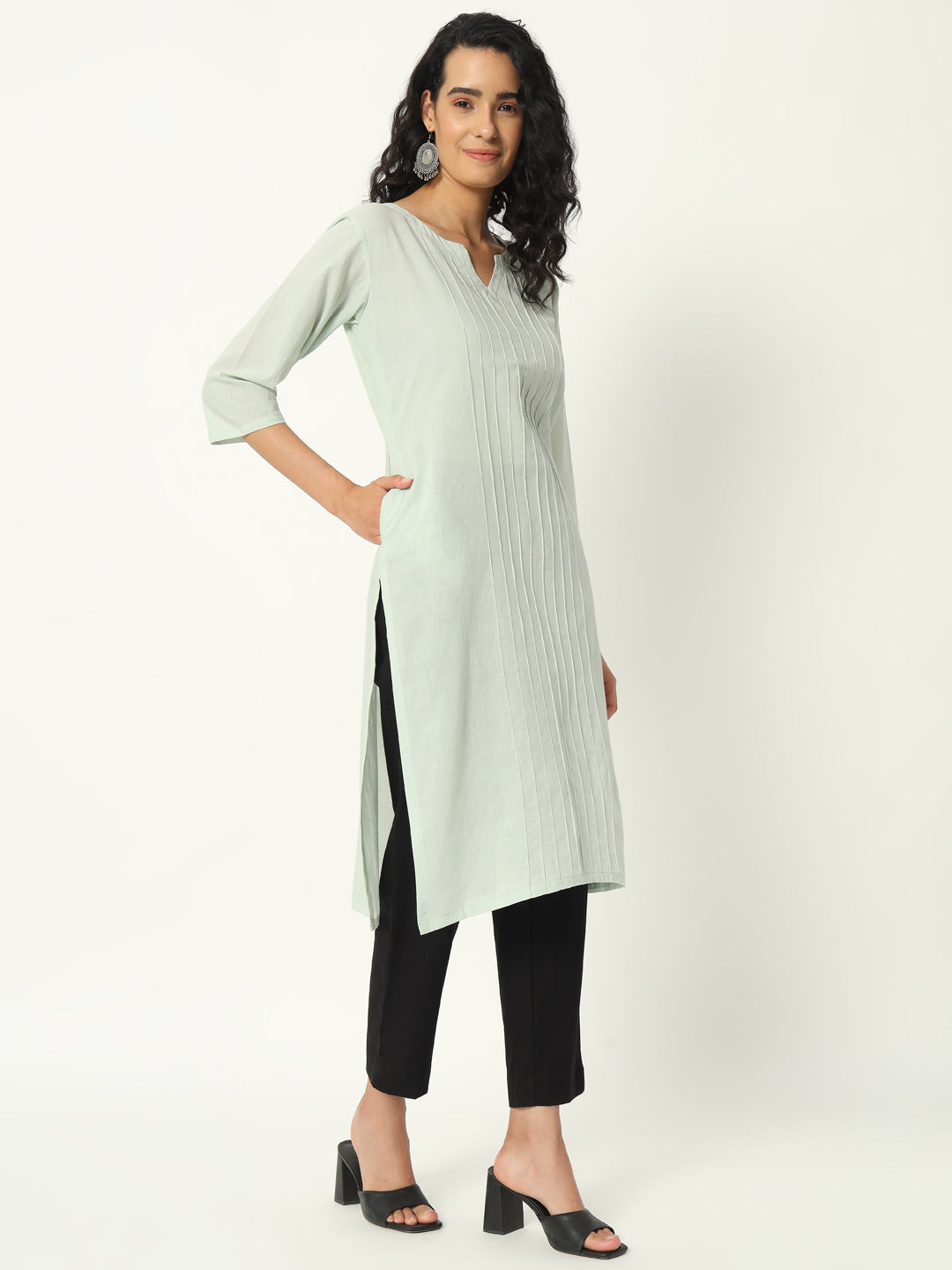 Mint Green Cotton Pintuck Long Kurta - SKYTICK Mint Green Cotton Pintuck Long Kurta - SKYTICK