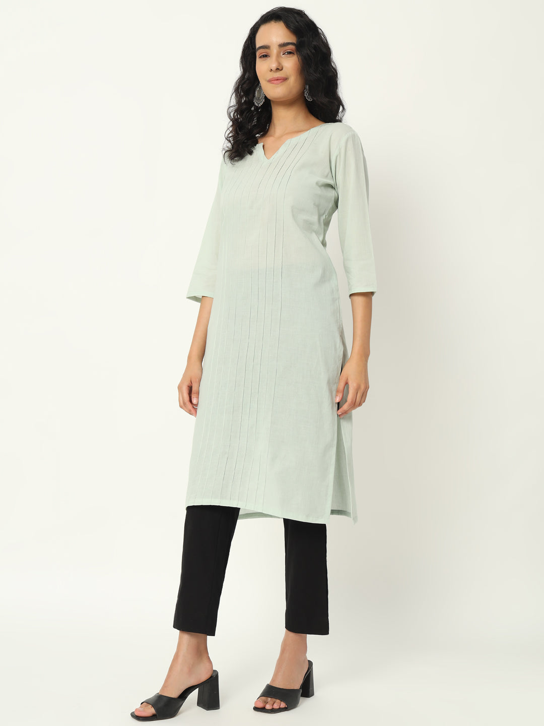 Mint Green Cotton Pintuck Long Kurta - SKYTICK Mint Green Cotton Pintuck Long Kurta - SKYTICK