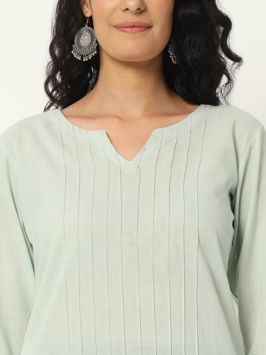Mint Green Cotton Pintuck Long Kurta - SKYTICK Mint Green Cotton Pintuck Long Kurta - SKYTICK