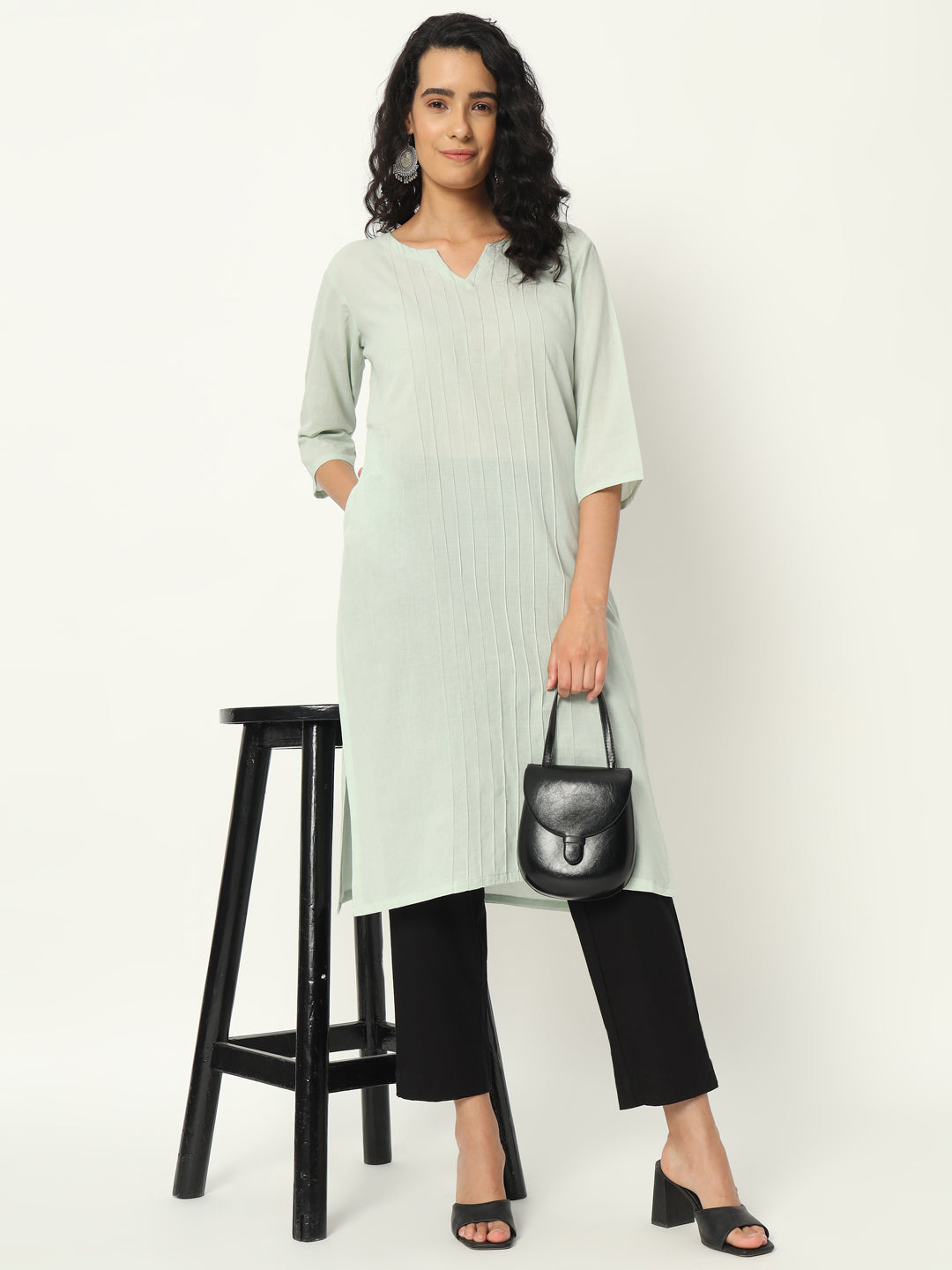 Mint Green Cotton Pintuck Long Kurta - SKYTICK Mint Green Cotton Pintuck Long Kurta - SKYTICK