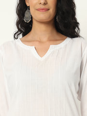 White Cotton Pintuck Long Kurta - SKYTICK White Cotton Pintuck Long Kurta - SKYTICK