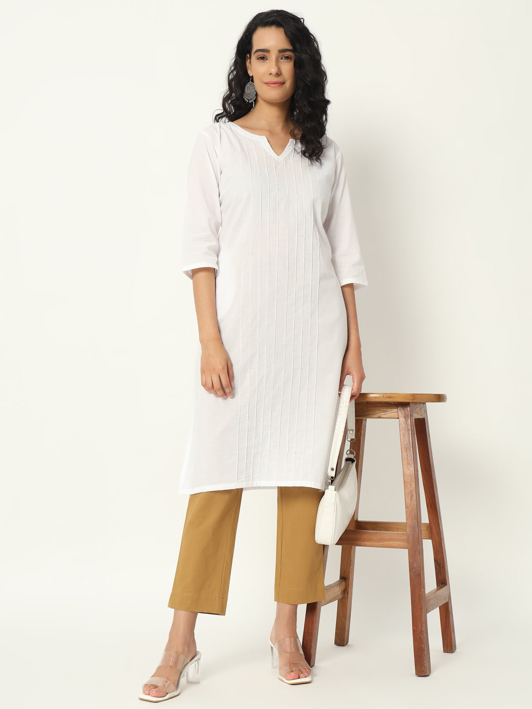 White Cotton Pintuck Long Kurta - SKYTICK White Cotton Pintuck Long Kurta - SKYTICK