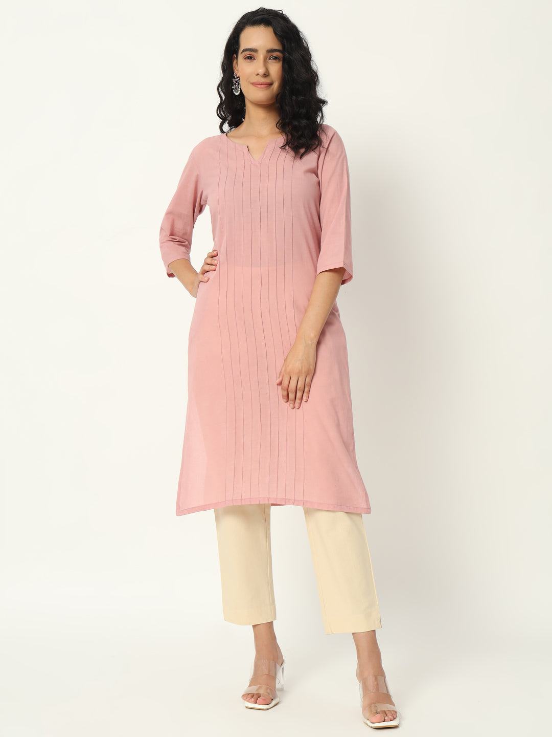Rose Taupe  Cotton Pintuck Long Kurta - SKYTICK Rose Taupe  Cotton Pintuck Long Kurta - SKYTICK