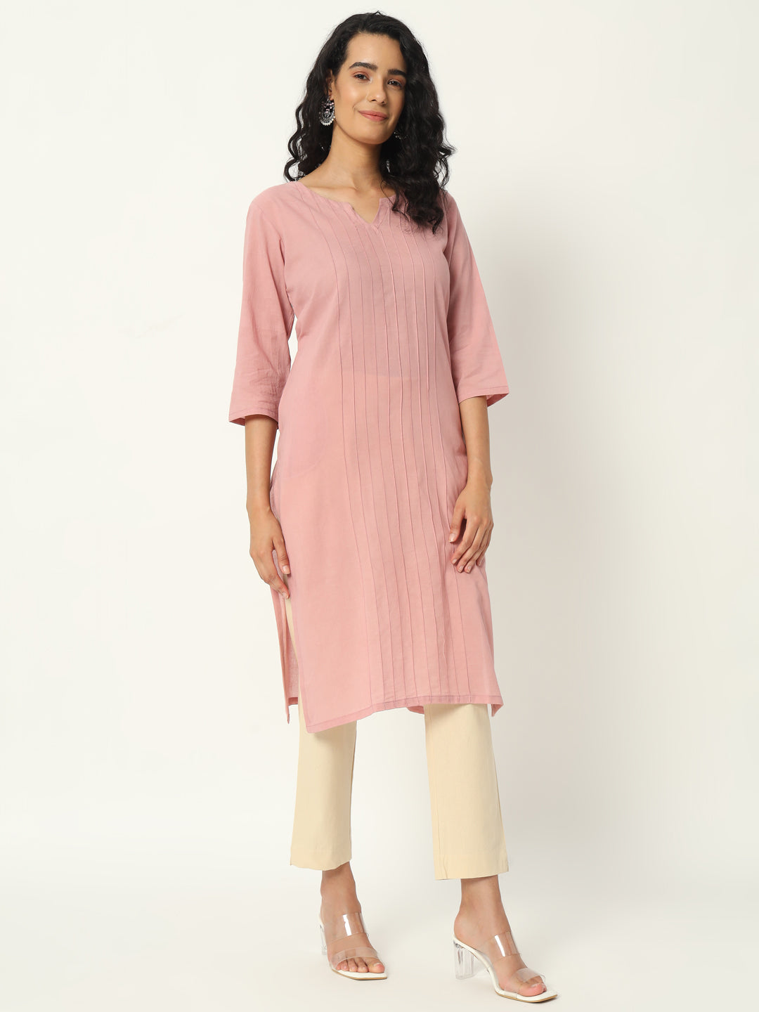 Rose Taupe  Cotton Pintuck Long Kurta - SKYTICK Rose Taupe  Cotton Pintuck Long Kurta - SKYTICK