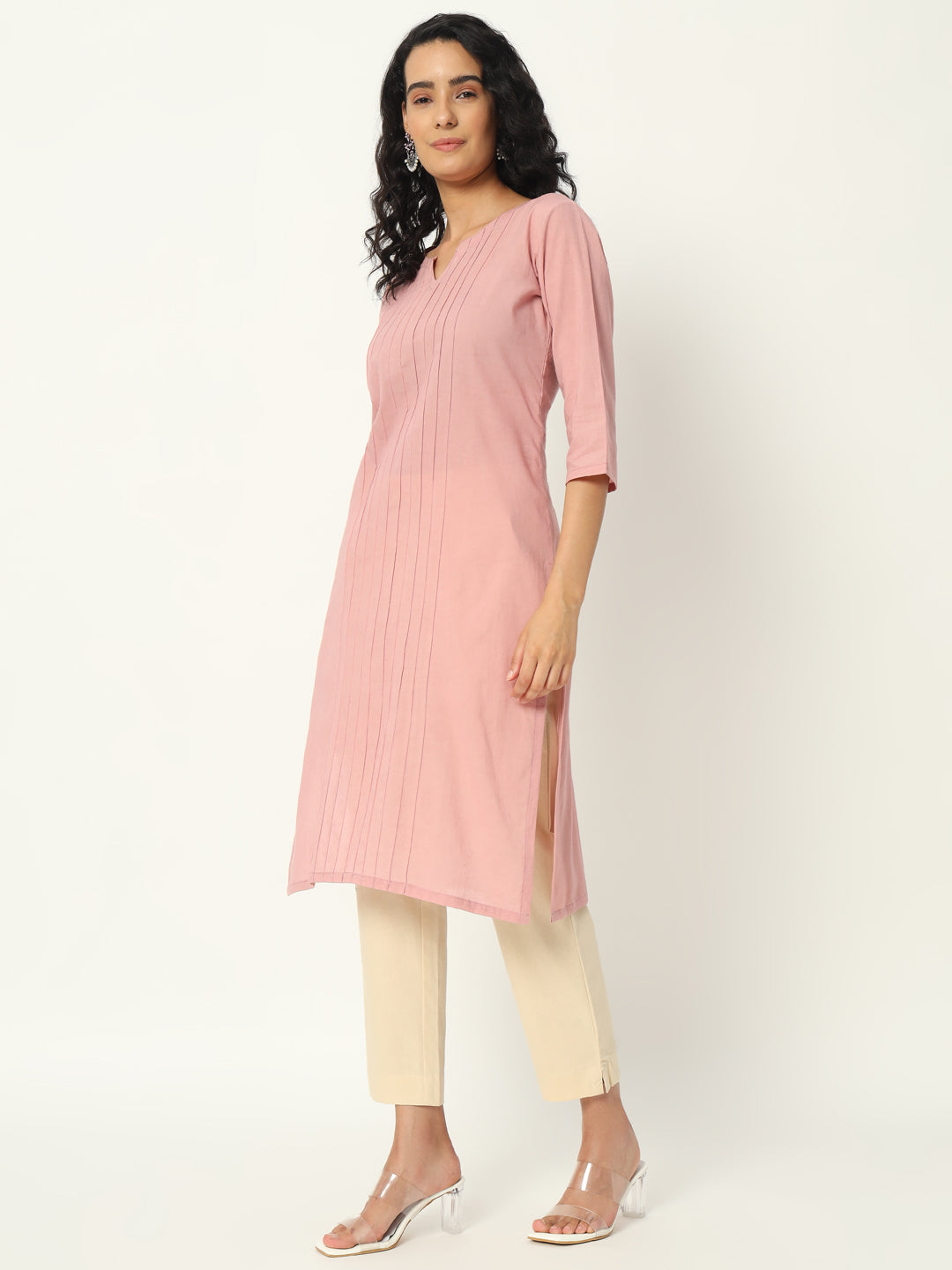 Rose Taupe  Cotton Pintuck Long Kurta - SKYTICK Rose Taupe  Cotton Pintuck Long Kurta - SKYTICK