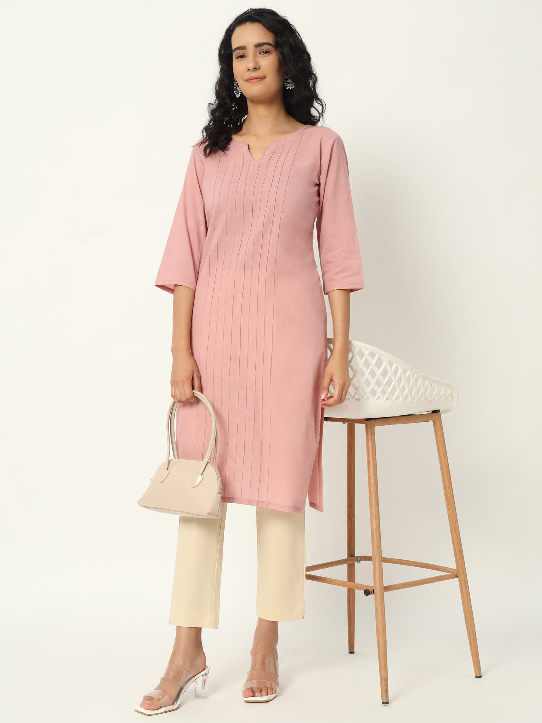 Rose Taupe  Cotton Pintuck Long Kurta - SKYTICK Rose Taupe  Cotton Pintuck Long Kurta - SKYTICK