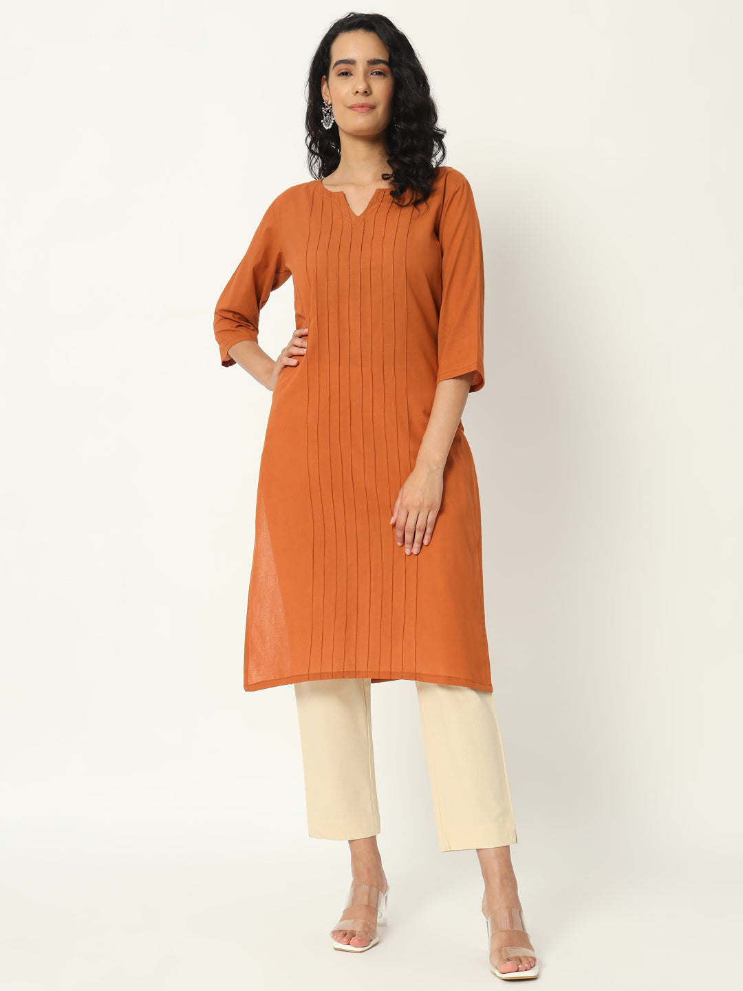 Cinamon Cotton Pintuck Long Kurta - SKYTICK Cinamon Cotton Pintuck Long Kurta - SKYTICK