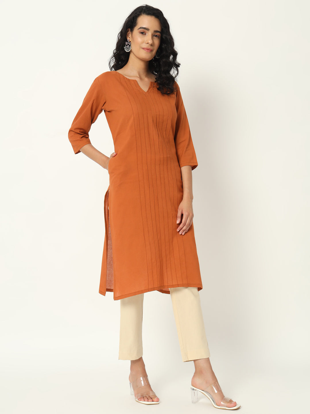 Cinamon Cotton Pintuck Long Kurta - SKYTICK Cinamon Cotton Pintuck Long Kurta - SKYTICK