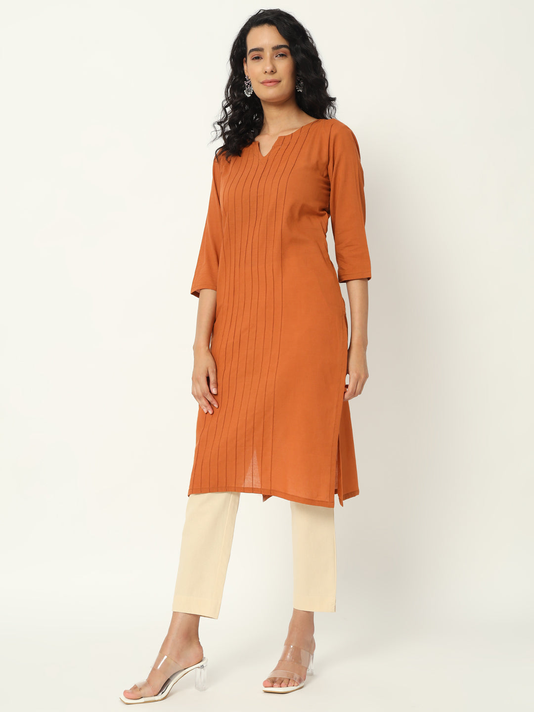 Cinamon Cotton Pintuck Long Kurta - SKYTICK Cinamon Cotton Pintuck Long Kurta - SKYTICK