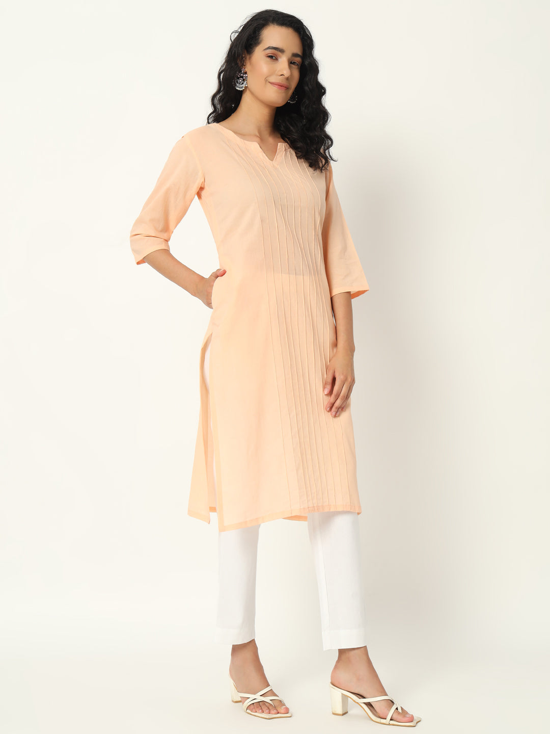 Peach Cotton Pintuck Long Kurta - SKYTICK Peach Cotton Pintuck Long Kurta - SKYTICK