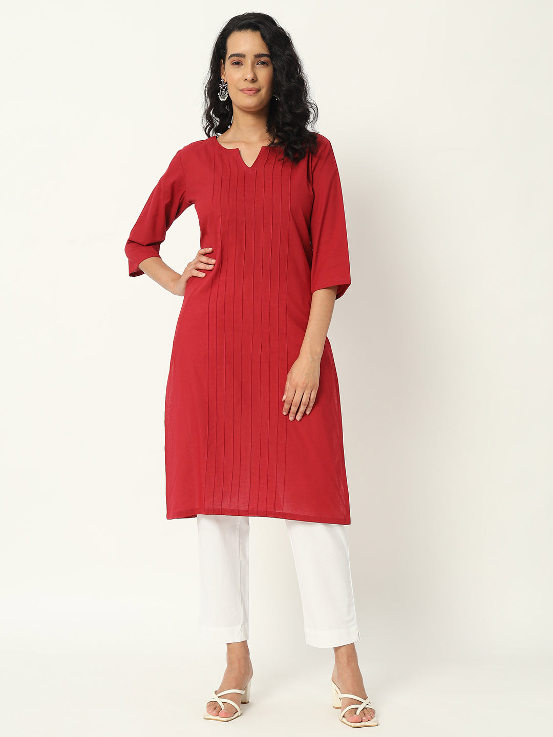Respberry Cotton Pintuck Long Kurta - SKYTICK Respberry Cotton Pintuck Long Kurta - SKYTICK