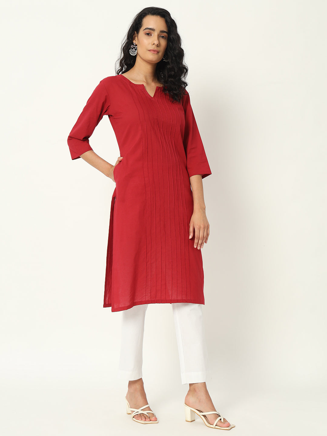 Respberry Cotton Pintuck Long Kurta - SKYTICK Respberry Cotton Pintuck Long Kurta - SKYTICK