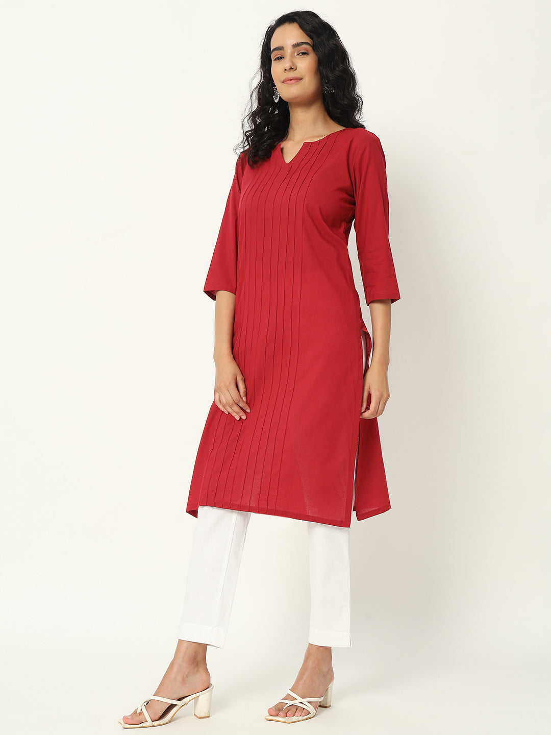 Respberry Cotton Pintuck Long Kurta - SKYTICK Respberry Cotton Pintuck Long Kurta - SKYTICK