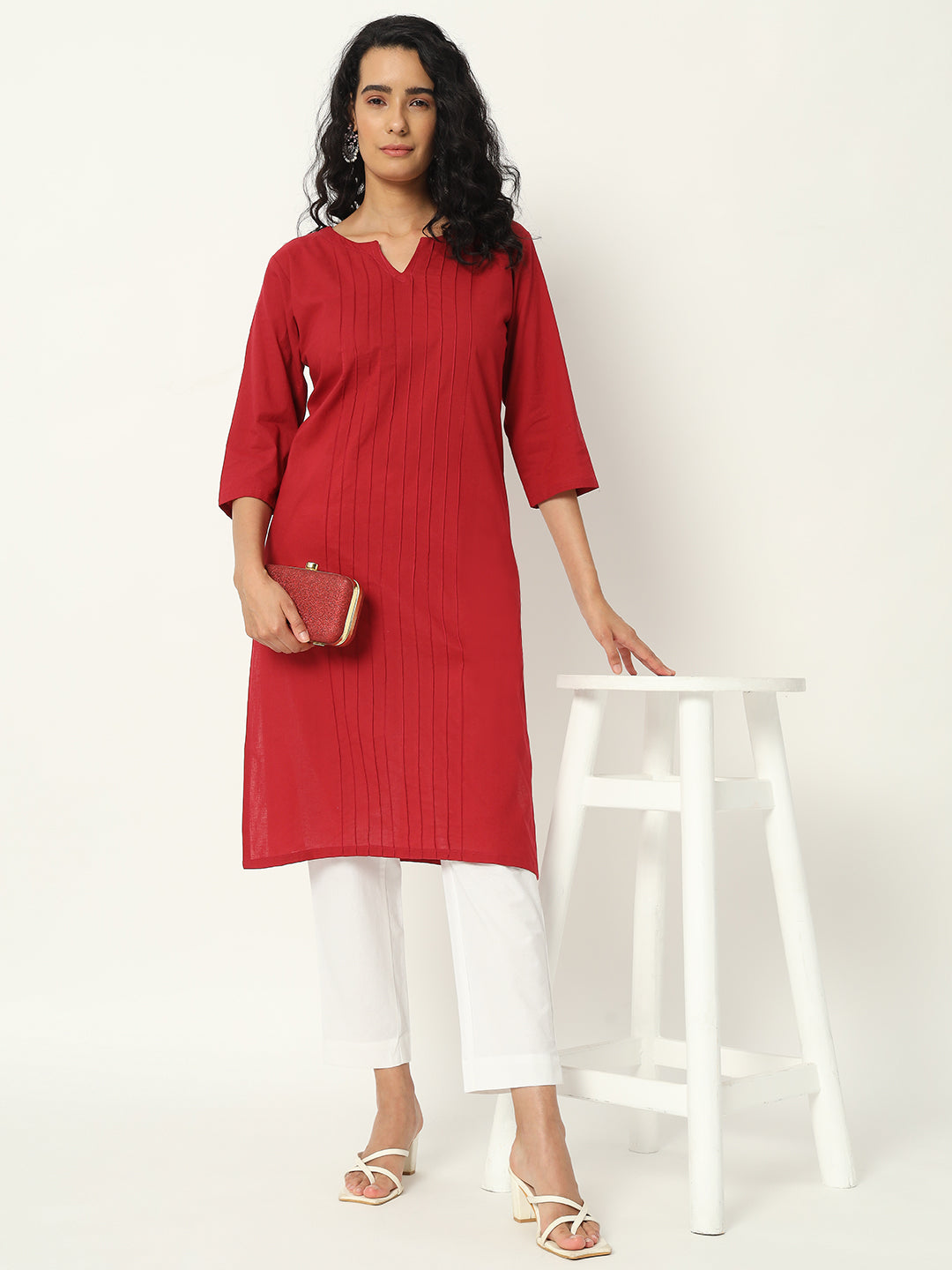 Respberry Cotton Pintuck Long Kurta - SKYTICK Respberry Cotton Pintuck Long Kurta - SKYTICK