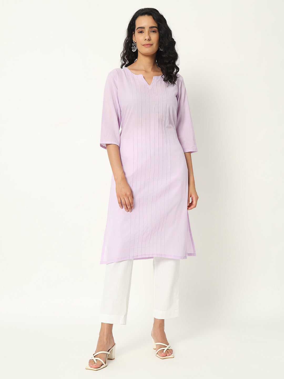 Lilac Cotton Pintuck Long Kurta - SKYTICK Lilac Cotton Pintuck Long Kurta - SKYTICK