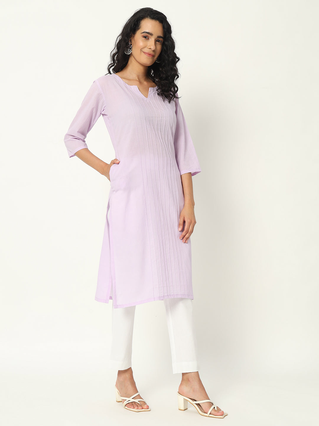 Lilac Cotton Pintuck Long Kurta - SKYTICK Lilac Cotton Pintuck Long Kurta - SKYTICK