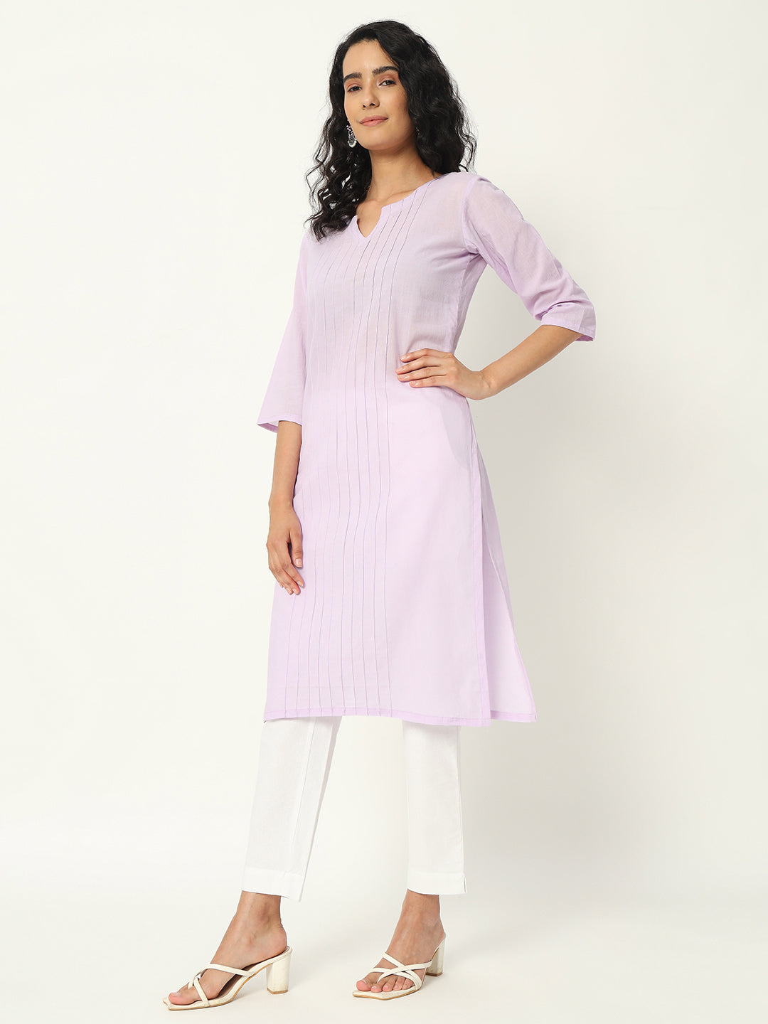 Lilac Cotton Pintuck Long Kurta - SKYTICK Lilac Cotton Pintuck Long Kurta - SKYTICK