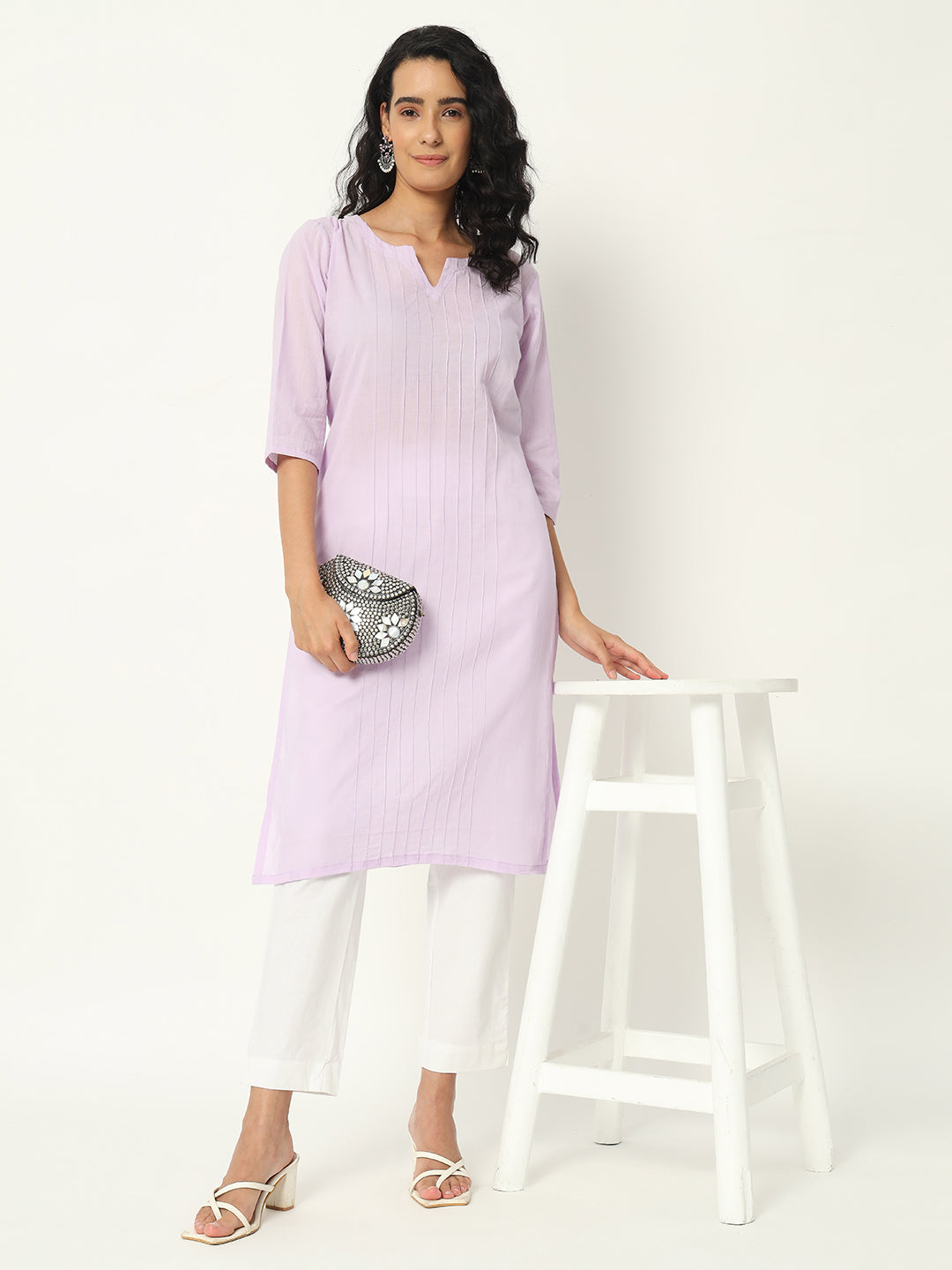 Lilac Cotton Pintuck Long Kurta - SKYTICK Lilac Cotton Pintuck Long Kurta - SKYTICK