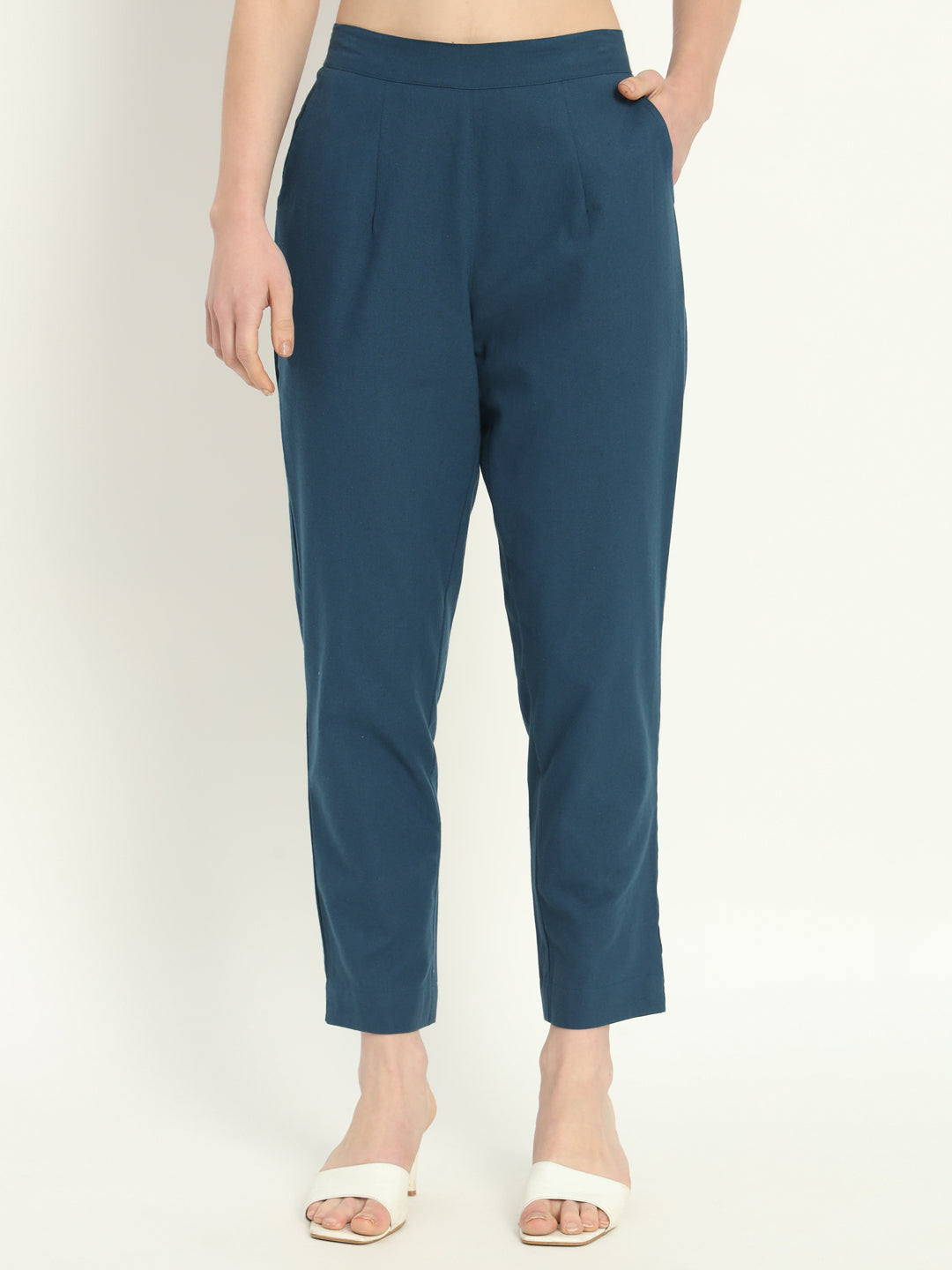 PEACOCK BLUE COTTON PANTS - SKYTICK PEACOCK BLUE COTTON PANTS - SKYTICK