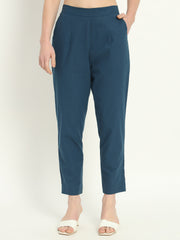 PEACOCK BLUE COTTON PANTS - SKYTICK PEACOCK BLUE COTTON PANTS - SKYTICK