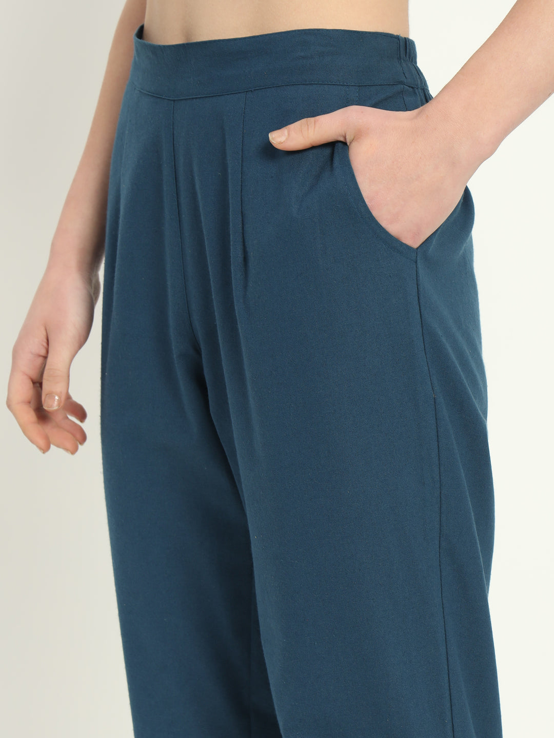 PEACOCK BLUE COTTON PANTS - SKYTICK PEACOCK BLUE COTTON PANTS - SKYTICK