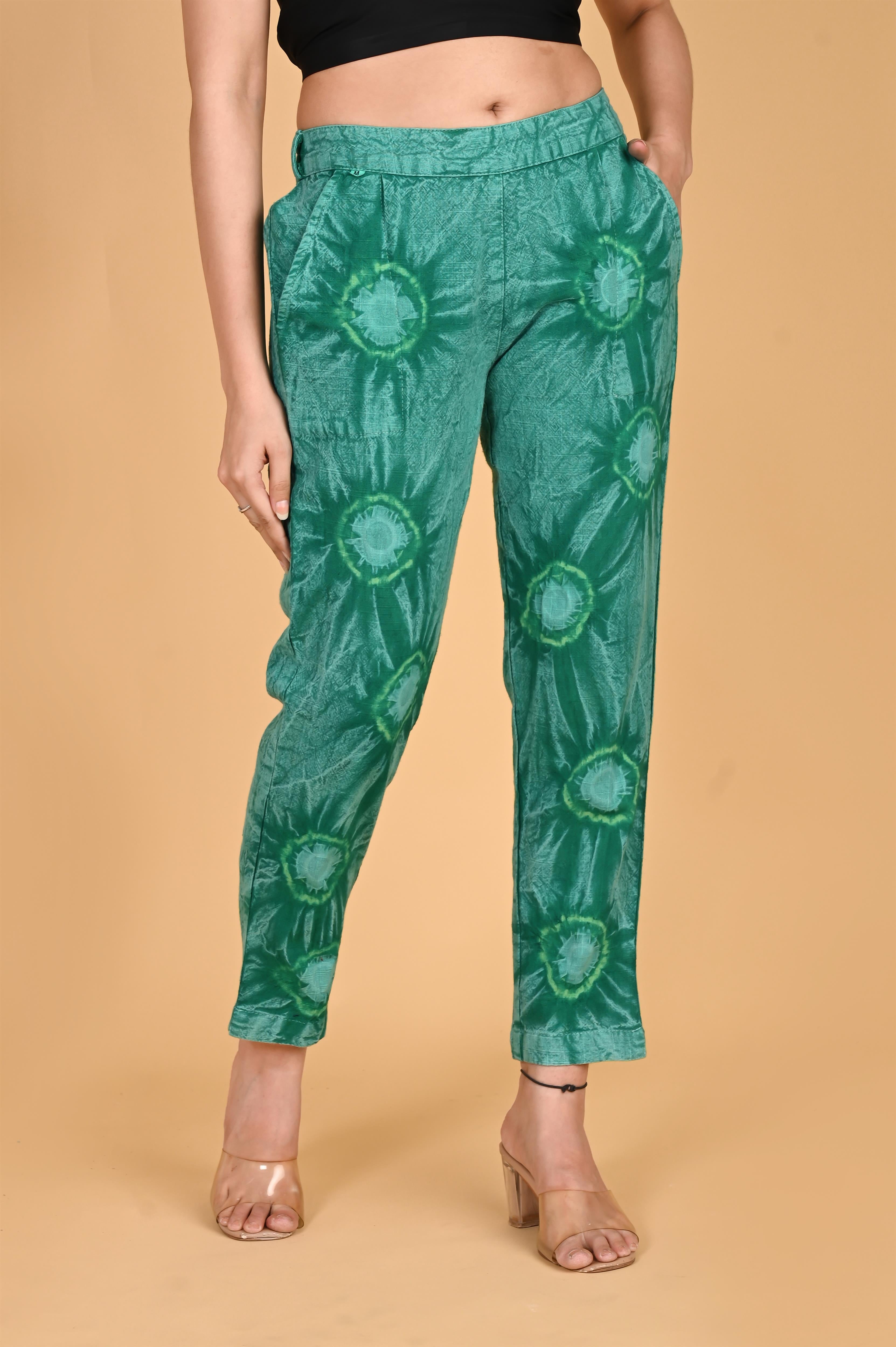 BOTTLE GREEN BANDHEJ COTTON PANTS - SKYTICK BOTTLE GREEN BANDHEJ COTTON PANTS - SKYTICK