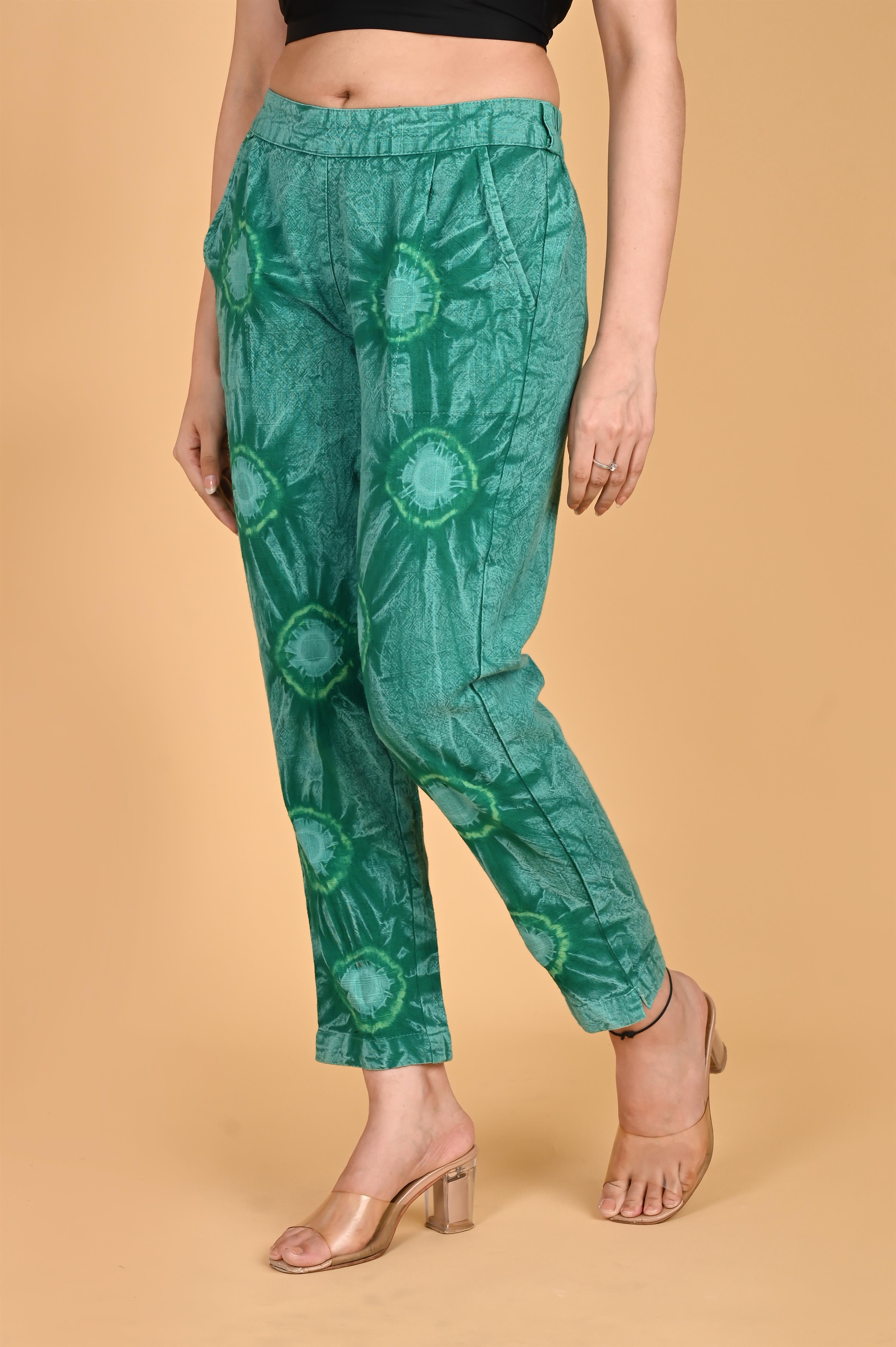 BOTTLE GREEN BANDHEJ COTTON PANTS - SKYTICK BOTTLE GREEN BANDHEJ COTTON PANTS - SKYTICK