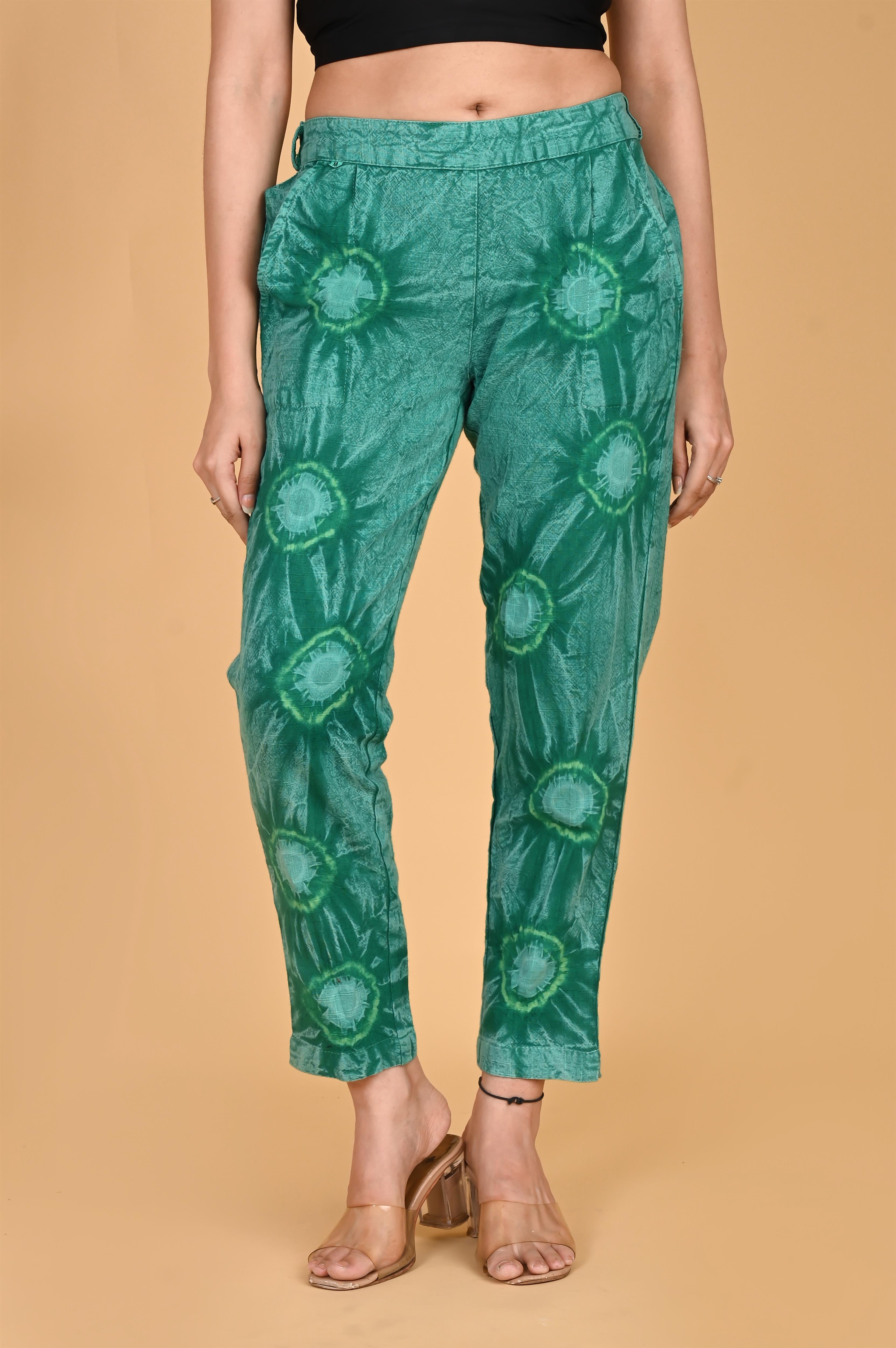 BOTTLE GREEN BANDHEJ COTTON PANTS - SKYTICK BOTTLE GREEN BANDHEJ COTTON PANTS - SKYTICK