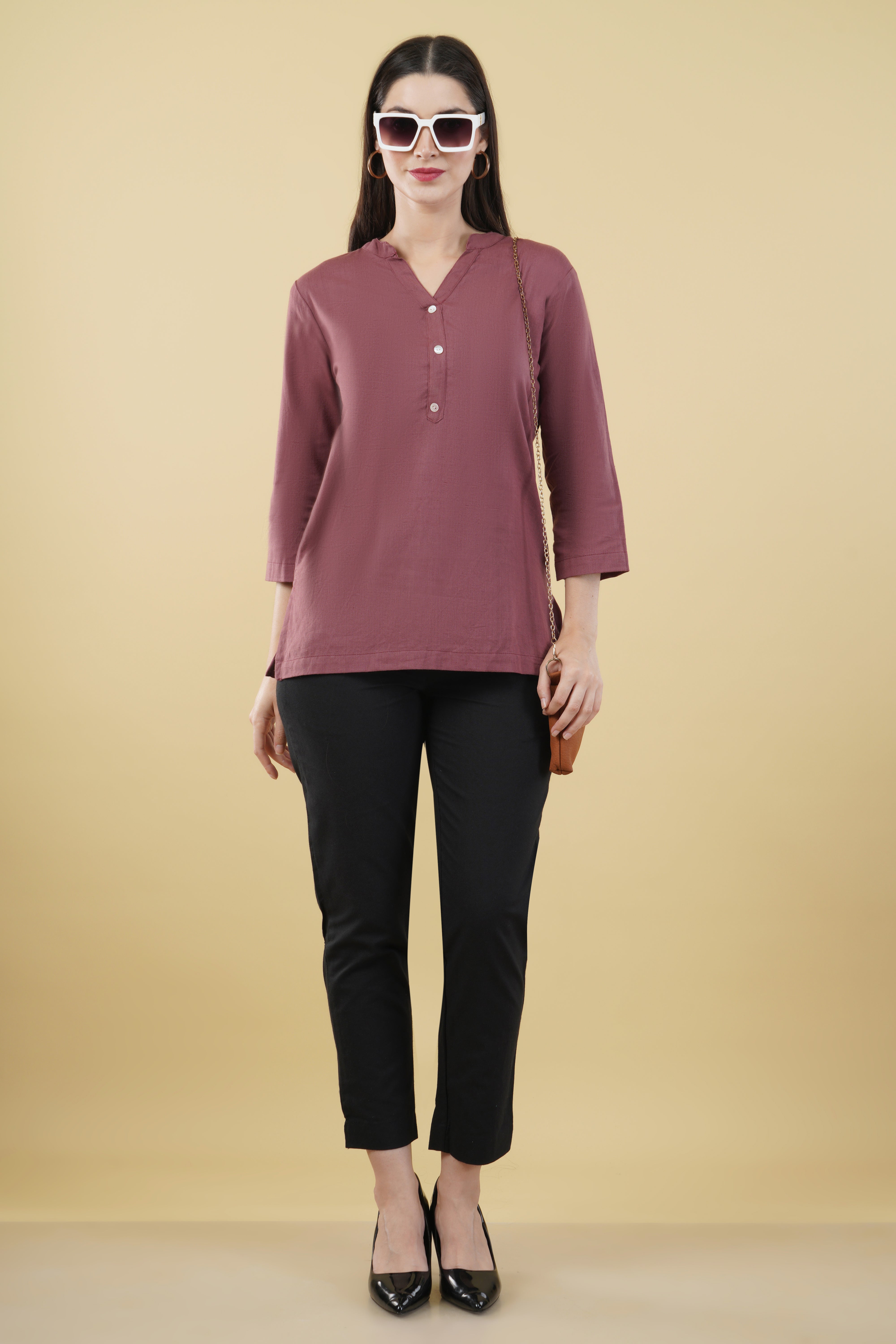 ROSE TAUPE LINEN SHORT KURTA - SKYTICK ROSE TAUPE LINEN SHORT KURTA - SKYTICK