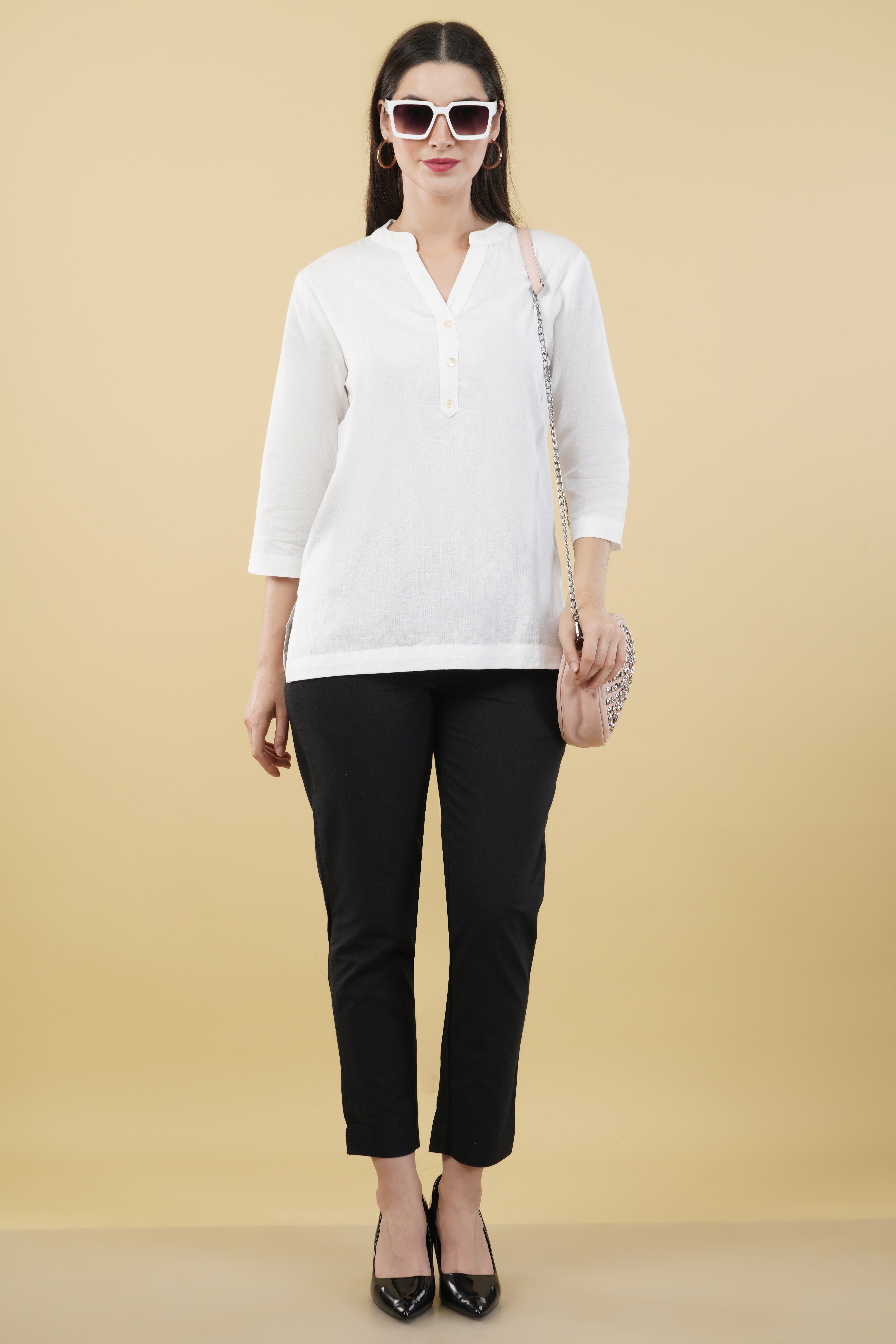 WHITE LINEN SHORT KURTA - SKYTICK WHITE LINEN SHORT KURTA - SKYTICK