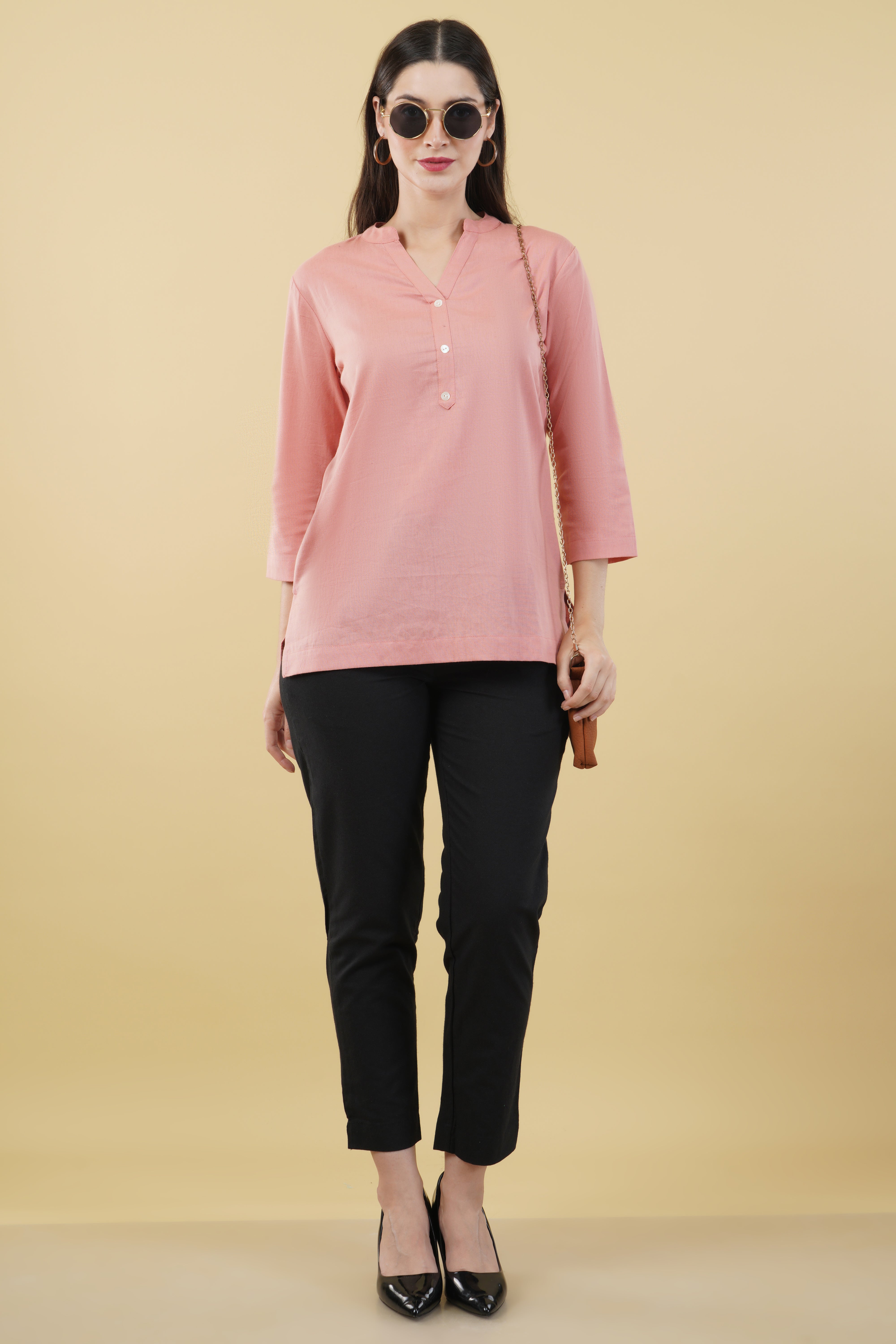PEACH LINEN SHORT KURTA - SKYTICK PEACH LINEN SHORT KURTA - SKYTICK