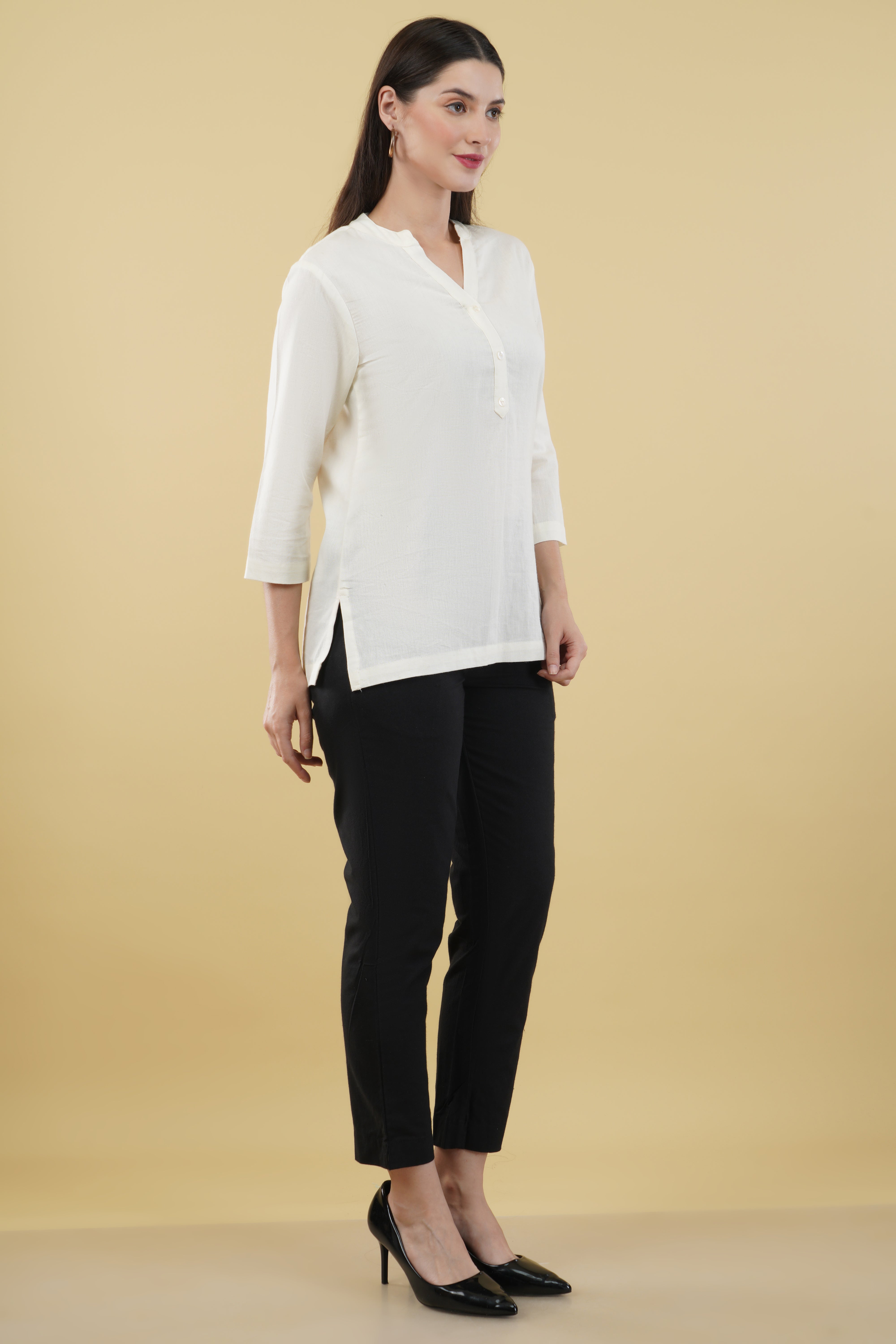 OFF WHITE LINEN SHORT KURTA - SKYTICK OFF WHITE LINEN SHORT KURTA - SKYTICK