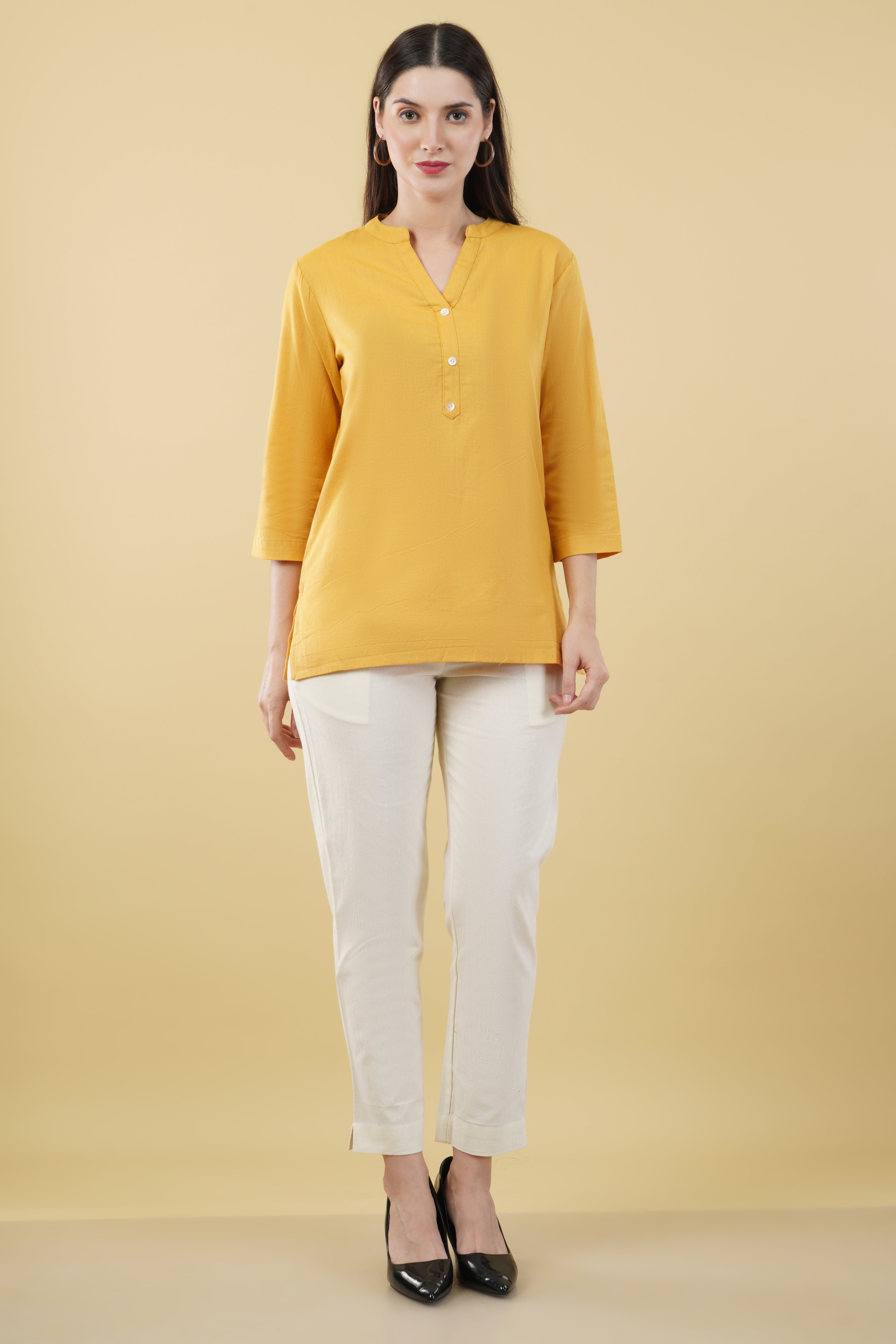 MUSTARD LINEN SHORT KURTA - SKYTICK MUSTARD LINEN SHORT KURTA - SKYTICK