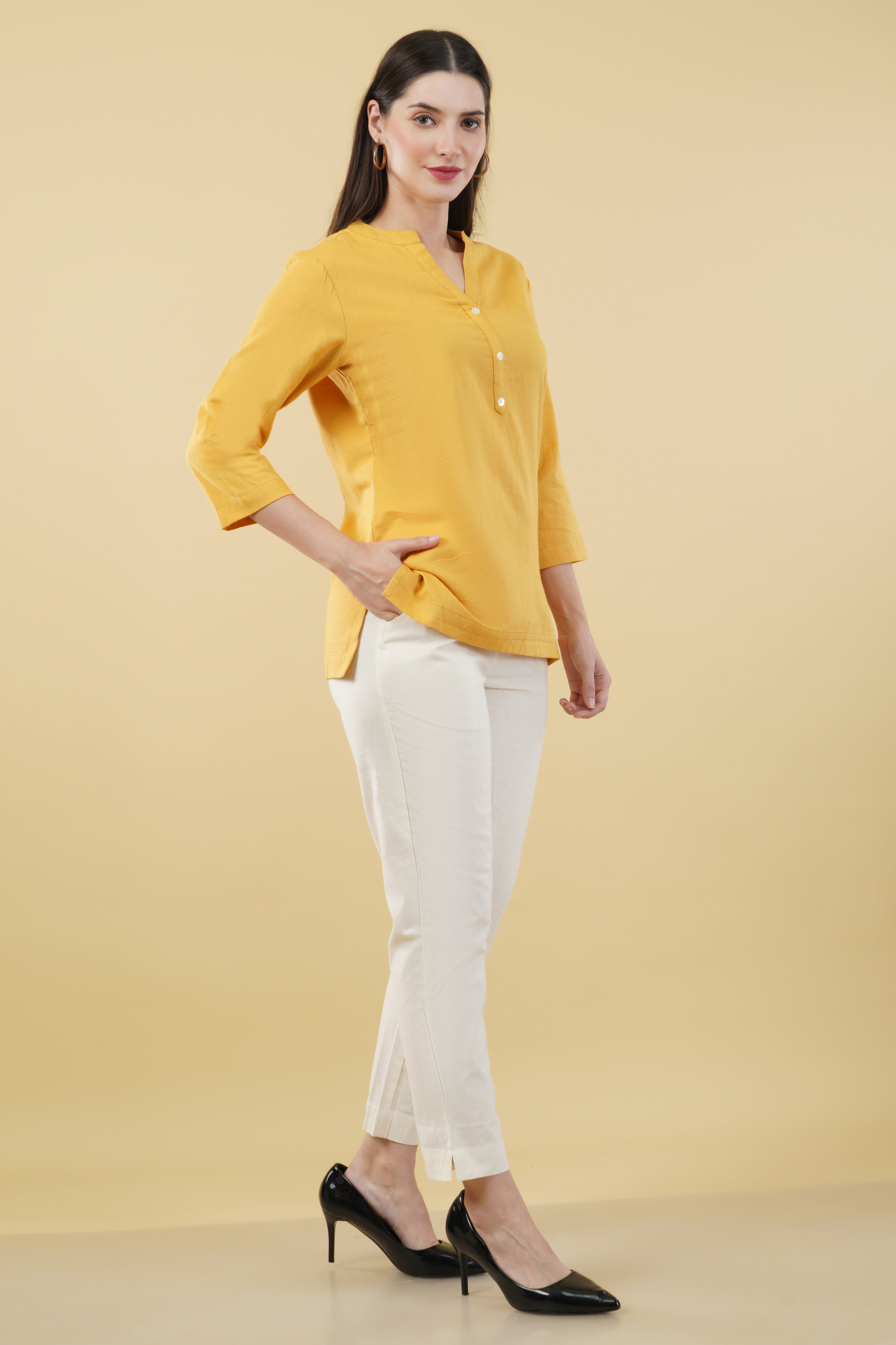 MUSTARD LINEN SHORT KURTA - SKYTICK MUSTARD LINEN SHORT KURTA - SKYTICK