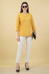 MUSTARD LINEN SHORT KURTA - SKYTICK MUSTARD LINEN SHORT KURTA - SKYTICK