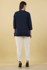 NAVY BLUE LINEN SHORT KURTA - SKYTICK NAVY BLUE LINEN SHORT KURTA - SKYTICK