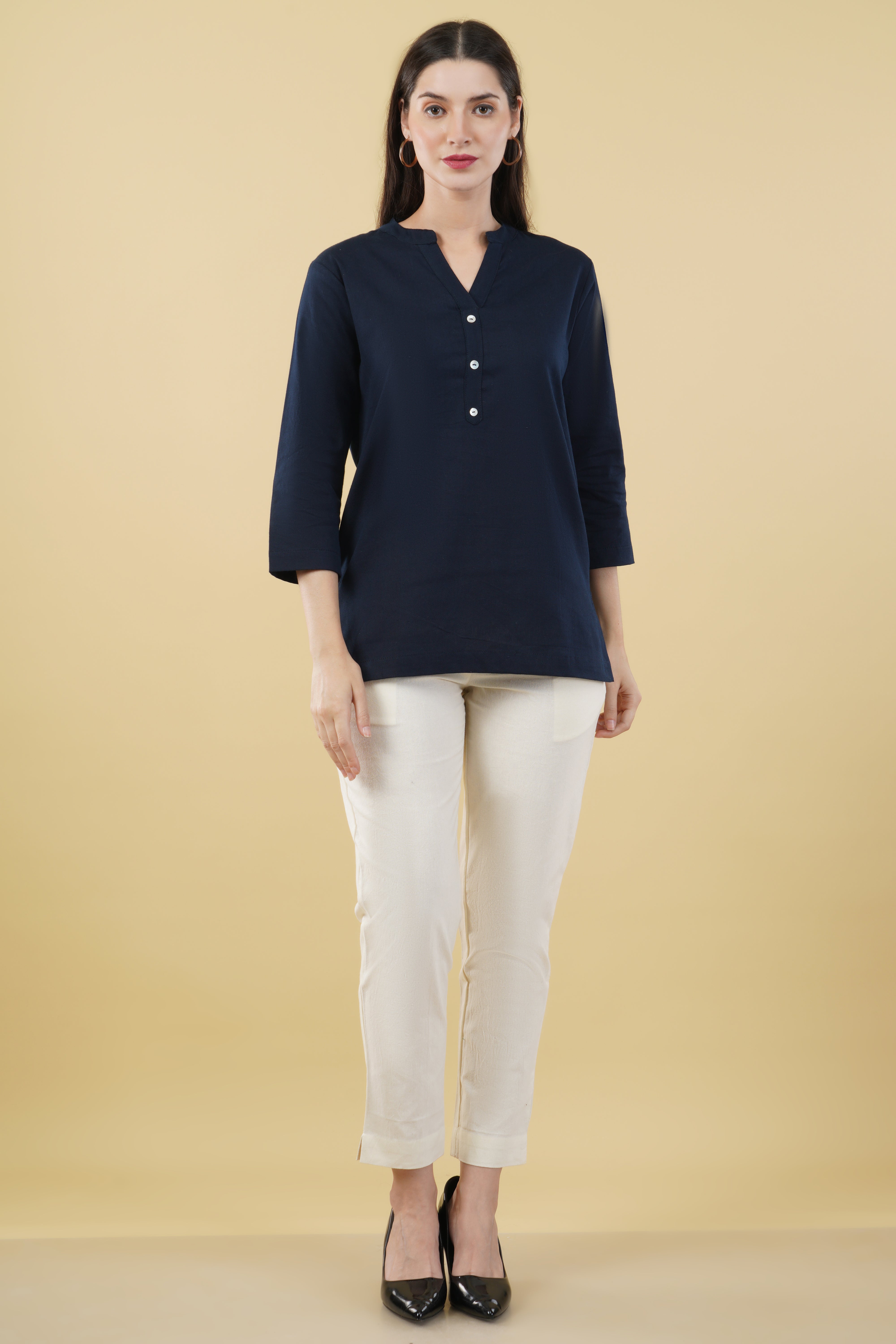 NAVY BLUE LINEN SHORT KURTA - SKYTICK NAVY BLUE LINEN SHORT KURTA - SKYTICK