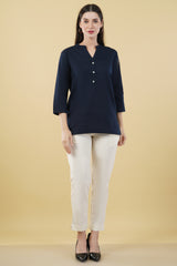 NAVY BLUE LINEN SHORT KURTA - SKYTICK NAVY BLUE LINEN SHORT KURTA - SKYTICK