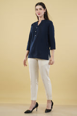 NAVY BLUE LINEN SHORT KURTA - SKYTICK NAVY BLUE LINEN SHORT KURTA - SKYTICK