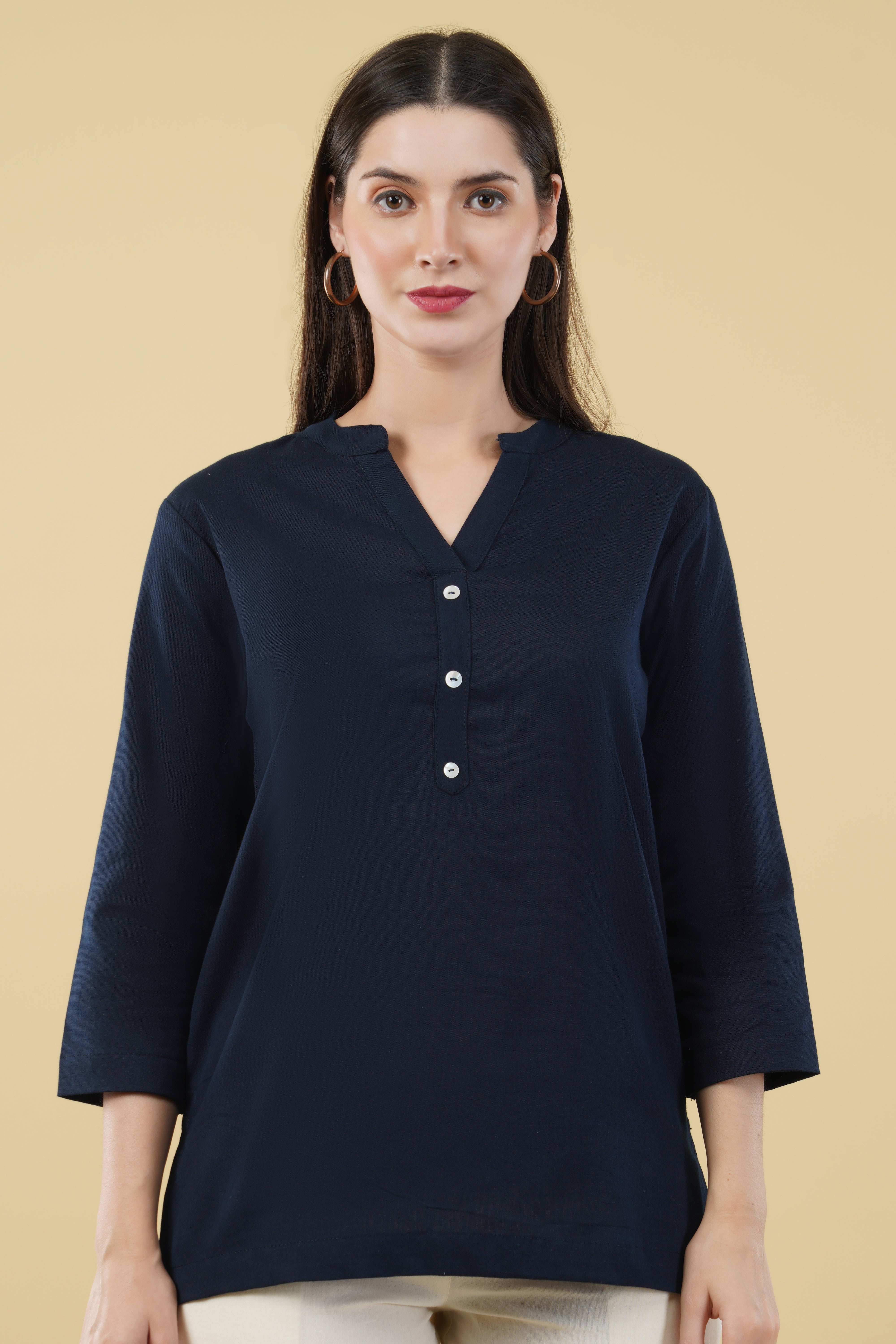 NAVY BLUE LINEN SHORT KURTA - SKYTICK NAVY BLUE LINEN SHORT KURTA - SKYTICK