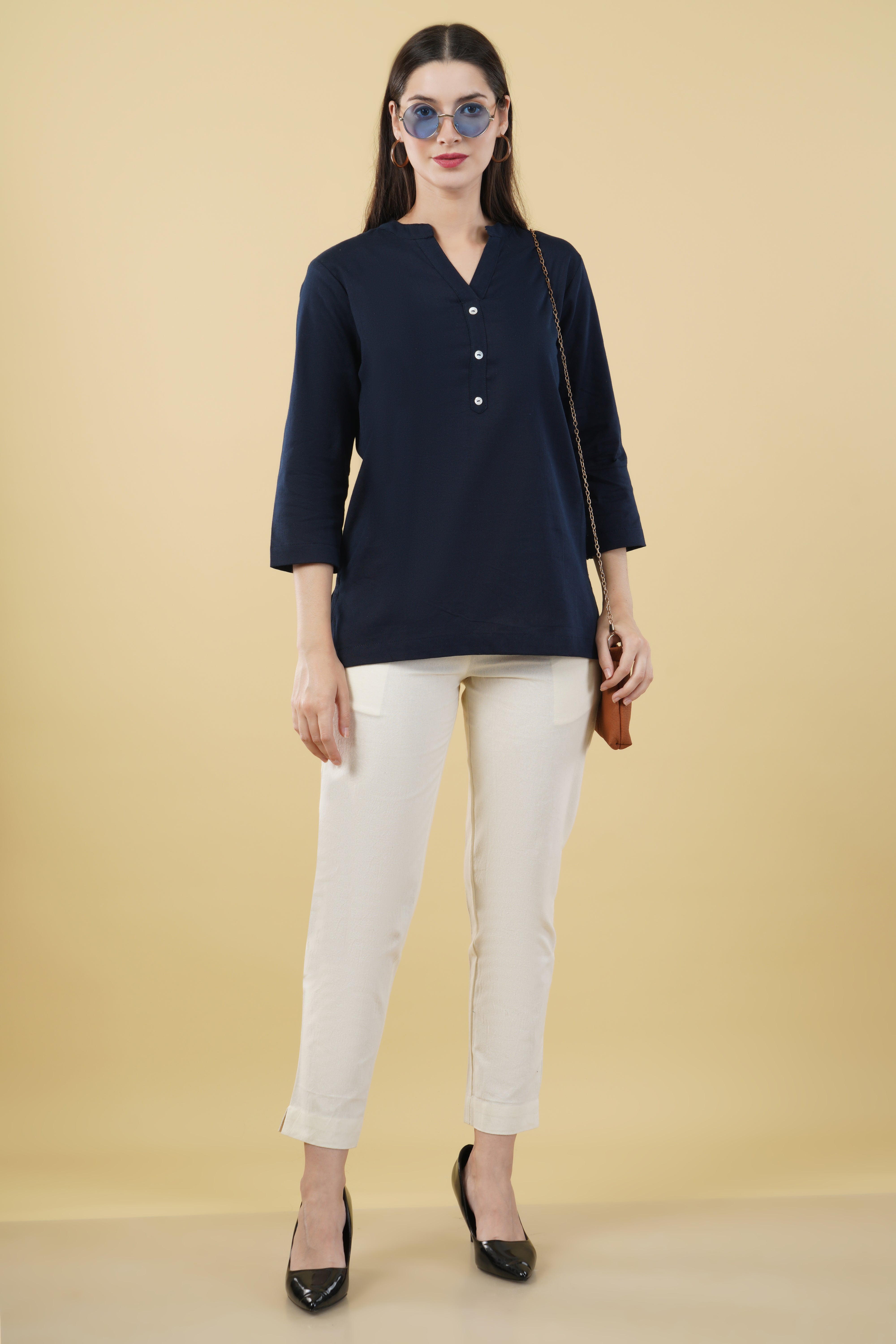 NAVY BLUE LINEN SHORT KURTA - SKYTICK NAVY BLUE LINEN SHORT KURTA - SKYTICK